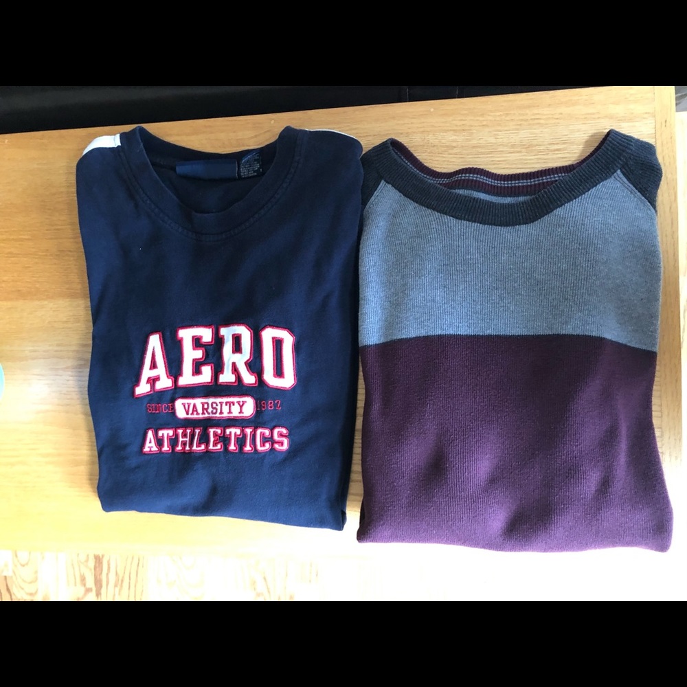 Men’s winter tops. 1 burgundy/gray lightweight sweater and 1 Aero shirt. XL GUC